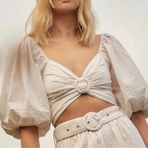 BRAND NEW ~ MINKPINK Tan Lune Stripe Crop Tie Front Top